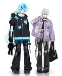  2boys :| alternate_costume animal_bag arm_at_side azul_ashengrotto bag bags_under_eyes belt black_bag black_belt black_choker black_footwear black_hoodie black_pants black_shirt blue_hair choker closed_mouth commentary_request demot_(twst_dm) drawstring fashion frown full_body glasses grey_hair hair_belt hair_between_eyes hand_on_own_neck hand_up highres holding holding_bag holding_strap hood hood_down hoodie idia_shroud jacket jewelry korean_commentary long_hair long_sleeves looking_to_the_side male_focus mole mole_under_mouth multiple_boys necklace open_clothes open_jacket pants platform_footwear purple_eyes purple_jacket rabbit_bag rectangular_eyewear shirt shoes short_hair sideways_glance simple_background skull_necklace standing star_(symbol) star_print sweat thigh_belt thigh_strap torn_clothes torn_pants twisted_wonderland very_long_hair white_background yellow_eyes 
