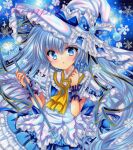  1girl ascot blue_background blue_dress blue_eyes blue_hair blue_ribbon crystal dress embellished_costume frilled_dress frilled_hat frilled_ribbon frills hair_ribbon hat hat_ribbon hatsune_miku holding holding_wand long_hair looking_at_viewer marker_(medium) parted_lips ribbon rui_(sugar3) sample_watermark snowflakes solo sparkle traditional_media treble_clef twintails upper_body very_long_hair vocaloid wand watermark white_dress white_headwear witch_hat wrist_cuffs yellow_ascot yuki_miku yuki_miku_(2014) 