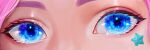  1girl blue_eyes boraiolet close-up eye_focus eyelashes eyeliner glowing glowing_eyes highres league_of_legends makeup pink_eyeliner pink_hair seraphine_(league_of_legends) solo star_(symbol) straight-on 