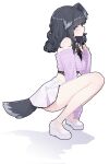  1girl alternate_costume animal_ears bare_shoulders black_hair blue_archive blush closed_mouth collar dog_ears dog_girl dog_tail from_side full_body hibiki_(blue_archive) highres long_hair long_sleeves looking_at_viewer nujig platform_footwear purple_eyes shoes simple_background skirt sleeves_past_wrists solo squatting tail white_background white_footwear white_skirt 