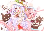  2girls :d absurdres animal_ears arch_bishop_(ragnarok_online) blush brown_eyes cake chocolate_cake chocolate_strawberry commentary_request deviruchi dress floppy_ears food frilled_dress frilled_sleeves frills hair_intakes hair_ornament hat heart heart-shaped_cake heart_hair_ornament highres incoming_food long_bangs long_hair looking_at_viewer multiple_girls noxxia39 official_alternate_costume open_mouth original pink_eyes pink_hair pitchfork rabbit_ears ragnarok_online round_teeth short_hair smile teeth upper_body upper_teeth_only white_dress white_hair white_headwear witch_hat 