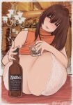  1girl alcohol blush bottle bra breast_rest breasts breasts_on_table bright_pupils brown_eyes brown_hair chichi8181 clothes_lift cup glass glass_bottle hair_between_eyes highres holding holding_cup huge_breasts indoors lace lace_bra long_hair orange_sweater original pink_lips sleeveless sleeveless_sweater sleeveless_turtleneck smile solo sweater sweater_lift takanashi_akiho turtleneck turtleneck_sweater twitter_username underwear whiskey white_bra white_pupils 