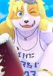 absurd_res anthro blonde_hair canid canine canis clothing domestic_dog eyewear floppy_ears gigache goggles hair hi_res hisaki_(live_a_hero) jewelry lifewonders live_a_hero male mammal necklace offering_beverage one_eye_closed shirt solo tank_top topwear wink