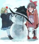  2girls alternate_costume ascot black_coat black_headwear blonde_hair blush bow braid brown_jacket closed_eyes coat commentary cosplay eneshi frilled_bow frilled_hair_tubes frills fur-trimmed_coat fur-trimmed_footwear fur_trim gloves hair_bow hair_tubes hakurei_reimu hands_in_opposite_sleeves hat highres jacket kirisame_marisa kirisame_marisa_(cosplay) long_hair multiple_girls open_mouth rumia scarf short_hair single_braid smile snowman touhou white_gloves white_scarf witch_hat yellow_ascot yin_yang yin_yang_print 