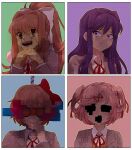  4girls :d ^_^ averting_eyes blue_background blush border bow brown_hair brown_vest chiimako closed_eyes closed_mouth collared_shirt commentary_request doki_doki_literature_club dress_shirt eyelashes fang glitch green_background green_eyes grey_jacket hair_between_eyes hair_bow hair_intakes hair_ornament hair_ribbon hairclip hand_up hands_up hanged high_ponytail horror_(theme) interlocked_fingers jacket lapels long_hair long_sleeves looking_at_viewer monika_(doki_doki_literature_club) multiple_girls natsuki_(doki_doki_literature_club) neck_ribbon open_mouth own_hands_together pink_background pink_eyes pink_hair ponytail purple_background purple_eyes purple_hair raised_eyebrows red_bow red_ribbon ribbon sayori_(doki_doki_literature_club) school_uniform shirt short_hair sidelocks sideways_glance simple_background smile spoilers striped_background sweater_vest swept_bangs teeth two_side_up upper_body upper_teeth_only v-shaped_eyebrows vest white_border white_bow white_shirt wing_collar x_hair_ornament yuri_(doki_doki_literature_club) 