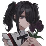  1girl :| ame-chan_(needy_girl_overdose) black_eyes black_hair black_ribbon closed_mouth expressionless flower hair_ornament hair_over_one_eye highres holding holding_flower neck_ribbon needy_girl_overdose one_eye_covered own_hands_together portrait purple_tulip ribbon sanmanako shirt short_hair short_twintails simple_background solo twintails white_background white_shirt x_hair_ornament 