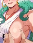  1girl areola_slip armpits bare_shoulders blush breasts collarbone earrings grabbing grabbing_another&#039;s_breast green_hair highres hoop_earrings japanese_clothes jewelry large_breasts multicolored_hair one_piece open_mouth simple_background ul_(gerard990) white_background white_hair yamato_(one_piece) 