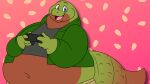 16:9 abstract_background anthro clothed clothing controller game_controller gecko hi_res jouigidragon lizard open_mouth overweight reptile scalie smile solo watermelon_the_gecko widescreen
