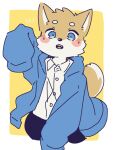 2024 3:4 anthro biped blue_bottomwear blue_clothing blue_eyes blue_pants blush bottomwear canid canine canis clothing countershade_fur countershading domestic_dog fur hi_res jacket kemono male mammal oversized_clothing oversized_jacket oversized_topwear pants shiba_inu solo spitz topwear white_body white_countershading white_dress_shirt white_fur wieneko138226 yellow_body yellow_fur