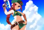  1girl belt beret bikini braid breasts cloud commentary_request green_bikini green_headwear hat holding holding_water_gun kaidou_zx long_hair looking_at_viewer mega_man_(series) mega_man_zero_(series) navel red_eyes red_hair robot_ears sky small_breasts soolo swimsuit unnamed_female_soldier_(mega_man_zero) water_gun 