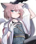  1girl 1other absurdres animal_ear_fluff animal_ears arknights arm_up black_pantyhose blue_dress blue_eyes blush breasts brown_hair closed_mouth doctor_(arknights) dress flying_sweatdrops fox_ears fox_girl fox_tail gloves hair_between_eyes hand_up headpat highres jacket one_eye_closed open_clothes open_jacket out_of_frame pantyhose simple_background small_breasts solo_focus spam_(spamham4506) sussurro_(arknights) sweat tail white_background white_gloves white_jacket 