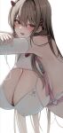  1girl absurdres bare_shoulders blush breasts brown_hair chest_strap cleavage cleavage_cutout clothing_cutout commentary_request covered_nipples goddess_of_victory:_nikke hair_between_eyes hana_hebi hanging_breasts highres horns large_breasts long_hair looking_at_viewer mole mole_under_eye open_mouth pink_horns red_eyes simple_background solo viper_(nikke) white_background 