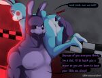 absurd_res anthro anus balls bodily_fluids bonnie_(fnaf) butt butt_grab canid canine canis carrying_another dramanyboi drooling duo english_text five_nights_at_freddy&#039;s five_nights_at_freddy&#039;s_2 genitals hand_on_butt hi_res male male/male mammal nipples saliva scottgames text toy_bonnie_(fnaf)