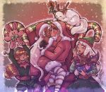  1boy 1girl 3girls absurdres almond_cookie artist_name christmas cookie_run cream_puff_cookie dark_skin dress elf_hat gift gloves happy hat highres holding holding_gift kiss kneehighs latte_cookie multiple_girls open_mouth santa_dress santa_hat socks user_jchw4484 walnut_cookie 