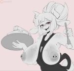 anthro apron areola barbell_piercing bedroom_eyes big_breasts bodily_fluids bovid breasts caprine clothing curved_horn cutlery fangs female fork goat goat_lucifer_(helltaker) hair hair_bun half-closed_eyes helltaker hi_res horizontal_pupils horn kitchen_utensils mammal monochrome narrowed_eyes nipple_barbell nipple_piercing nipples open_mouth open_smile piercing pupils seductive serving_tray simple_background smile solo sweat sweatdrop teeth tools yxxzoid