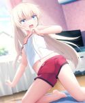  :o bare_arms barefoot blonde_hair blue_eyes blurry blurry_background commentary haribote_(tarao) indoors kneeling long_hair looking_at_viewer midriff navel red_shorts rug russian_commentary shaded_face short_shorts shorts solo strap_slip takanashi_misha television uchi_no_maid_ga_uzasugiru! v-shaped_eyebrows very_long_hair 