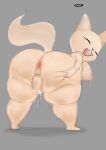 absurd_res aggretsuko anthro anus big_breasts big_butt bodily_fluids breasts butt butt_focus canid canine female fennec_fox fenneko fox fur genital_fluids genitals hi_res huge_butt looking_at_viewer looking_back mamasoyanini mammal nude pussy rear_view sanrio simple_background smile solo tail thick_thighs true_fox