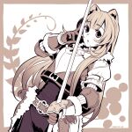  1girl animal_ears armor belt border breastplate brown_border brown_hair check_clothing commentary_request cosplay dated fur-trimmed_collar fur-trimmed_gloves fur_trim gloves hand_up highres holding holding_sword holding_weapon iwatani_naofumi iwatani_naofumi_(cosplay) leather leather_gloves long_hair long_sleeves looking_at_viewer minami_seira monochrome open_mouth outside_border raccoon_ears raccoon_girl raphtalia sepia sidelocks solo sword tate_no_yuusha_no_nariagari upper_body weapon white_background 