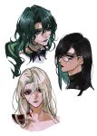  3girls black_hair blonde_hair body_markings collarbone colored_inner_hair colored_skin commentary_request cracked_skin cropped_head glasses gradient_skin green_eyes green_hair green_lips hair_over_one_eye head_only iron_(path_to_nowhere) long_hair mamaloni multicolored_hair multiple_girls ninety-nine_(path_to_nowhere) parted_lips path_to_nowhere profile raven_(path_to_nowhere) red_eyes red_lips scar scar_across_eye scar_on_cheek scar_on_face scar_on_forehead simple_background smile straight_hair white-framed_eyewear white_background 