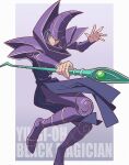  1boy armor character_name copyright_name dark_magician duel_monster facial_mark futa_yuri_ryona hat highres holding holding_staff outstretched_arm purple_armor purple_hair purple_headwear simple_background staff wizard wizard_hat yu-gi-oh! 