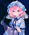  1girl blue_headwear blue_kimono chicachang frilled_kimono frills ghost hat highres japanese_clothes kimono konpaku_youmu_(ghost) light_smile mob_cap pink_eyes pink_hair saigyouji_yuyuko smile solo touhou triangular_headpiece upper_body 