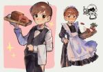  1boy alcohol alternate_costume angry apron blush bow bowtie brown_eyes brown_hair butler chilchuck_tims crossdressing dungeon_meshi embarrassed enmaided food frills halfling highres large_ears maid maid_apron maid_headdress male_maid meat napkin omelettesyrup pink_background shaded_face short_hair sleeve_cuffs sparkle sweat vest white_background wine 
