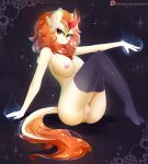  2018 anthro anthrofied anus areola autumn_blaze_(mlp) breasts brown_eyes clothing female fire friendship_is_magic hair hi_res horn kirin koveliana legwear my_little_pony nipples orange_hair portrait pussy sitting solo sparkles stockings 