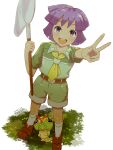  1boy :d belt belt_buckle brown_belt brown_footwear buckle bugsy_(pokemon) butterfly_net caterpie collared_shirt commentary dated green_shirt green_shorts hand_net happy highres holding holding_butterfly_net knees male_focus open_mouth pokemon pokemon_(creature) pokemon_hgss purple_hair shirt shoes short_hair short_sleeves shorts smile socks symbol-only_commentary teeth upper_teeth_only v wajou-uruha white_socks 