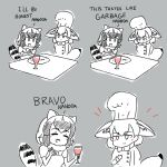  ^_^ animal_ears arms_behind_back beolseoneunseobeol blush bow bowtie buttons chef chef_hat chef_uniform closed_eyes closed_mouth comic common_raccoon_(kemono_friends) crossed_arms cup drink drinking_glass english fennec_(kemono_friends) fox_ears fox_tail greyscale hand_up hands_up hat holding holding_cup kemono_friends long_sleeves looking_at_another monochrome multiple_girls ok_sign open_mouth plate puffy_short_sleeves puffy_sleeves raccoon_ears raccoon_tail short_hair short_sleeves smile spot_color striped_tail sweater table tail upper_body 