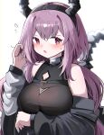  1girl absurdres arknights arm_under_breasts bare_shoulders black_hairband black_jacket black_shirt blush breasts flying_sweatdrops grey_jacket hair_between_eyes hairband hand_up highres horns jacket long_hair long_sleeves looking_at_viewer medium_breasts parted_lips puffy_long_sleeves puffy_sleeves purple_eyes purple_hair shirt simple_background sleeveless sleeveless_shirt solo spam_(spamham4506) sweat tail typhon_(arknights) upper_body very_long_hair white_background 