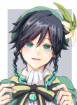  1boy black_bow black_bowtie black_hair blue_hair blue_pupils blush bow bowtie braid brooch cape collared_cape commentary_request fugusashi_(fgss2089) genshin_impact gradient_hair green_cape green_eyes grey_background hair_between_eyes highres jewelry looking_at_viewer male_focus medium_bangs multicolored_hair open_mouth shirt short_hair simple_background smile solo twin_braids two-tone_background upper_body venti_(genshin_impact) white_background white_shirt 