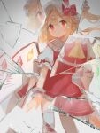  1girl app_filter ascot blonde_hair bow broken_mirror chicachang crystal flandre_scarlet full_body hat hat_ribbon highres mirror mob_cap one_side_up puffy_short_sleeves puffy_sleeves red_eyes ribbon short_sleeves side_ponytail skirt solo touhou 