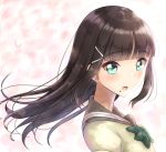  bangs blush bow bowtie brown_hair brown_sailor_collar brown_shirt commentary_request eyebrows_visible_through_hair green_eyes green_neckwear hair_ornament hairclip kurosawa_dia long_hair looking_at_viewer looking_to_the_side love_live! love_live!_sunshine!! mole mole_under_mouth open_mouth puffy_short_sleeves puffy_sleeves sailor_collar shirt short_sleeves sidelocks sin_(sin52y) solo upper_body 