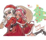  1boy 1girl agent_3_(splatoon) agent_8_(splatoon) black_gloves blue_eyes bright_pupils cape capelet chinese_commentary christmas christmas_tree closed_mouth dress elbow_gloves film_grain frown fur-trimmed_capelet fur-trimmed_dress fur-trimmed_footwear fur-trimmed_headwear fur-trimmed_sleeves fur_collar fur_trim gloves green_hair headgear highres holding holding_sack hug hug_from_behind inkling inkling_boy inkling_player_character long_sleeves medium_hair octoling octoling_girl octoling_player_character over_shoulder red_cape red_dress red_hair red_headwear sack santa_costume santa_dress short_hair smile splatoon_(series) suction_cups tentacle_hair thenintlichen96 white_gloves white_pupils yellow_eyes 