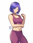  1girl bare_shoulders commission english_commentary fire_emblem fire_emblem:_new_mystery_of_the_emblem fire_emblem:_shadow_dragon fire_emblem:_shadow_dragon_and_the_blade_of_light highres light_smile midia_(fire_emblem) midriff navel pants purple_eyes purple_hair rotomdocs solo sports_bra yoga_pants 
