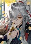  1boy architecture bird chinese_clothes closed_mouth east_asian_architecture grey_hair hair_over_one_eye hair_ribbon honkai:_star_rail honkai_(series) jing_yuan long_hair male_focus np_(1231_0720) ponytail red_ribbon ribbon solo yellow_eyes 