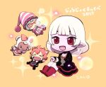  &gt;_&lt; 4girls animal_ears bear_ears black_dress brown_background bubble_blowing bubble_pipe cat_ears chibi chibi_only dark-skinned_female dark_skin dragon_quest dragon_quest_x dress elf_(dq10) fang hat kotorai lipstick long_sleeves makeup multiple_girls nightcap no_nose pointy_ears puklipo red-framed_eyewear red_eyes red_footwear red_lips striped_clothes striped_dress striped_headwear translation_request vertical-striped_clothes vertical-striped_dress white_hair 