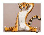  2018 anthro black_nose blep border countershade_face countershade_torso countershading eddiew feline female flat_chested front_view full-length_portrait fur hand_behind_head kung_fu_panda looking_at_viewer mammal master_tigress multi_nipple navel nipples nude orange_eyes orange_fur portrait pose presenting presenting_pussy pubes pussy sitting solo splits spread_legs spreading striped_tail stripes tiger tongue tongue_out white_border white_countershading yellow_sclera 
