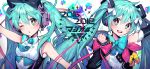  2018 2girls :d absurdres aqua_eyes aqua_hair armpits bangs bare_shoulders black_bow black_sleeves blue_neckwear blush bow bowtie commentary_request detached_sleeves devy eyebrows_visible_through_hair hair_between_eyes hair_bow hair_ornament hatsune_miku headphones highres huge_filesize long_hair long_sleeves magical_mirai_(vocaloid) multiple_girls necktie one_eye_closed open_mouth parted_lips pink_ribbon ribbon round_teeth shirt short_necktie sleeveless sleeveless_shirt smile teeth twintails upper_teeth very_long_hair vocaloid white_background white_shirt yellow_bow 