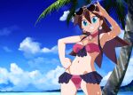  1girl adjusting_eyewear beach bikini blue_eyes breasts brown_hair choker cloud commentary_request eyewear_on_head kaidou_zx looking_at_viewer medium_breasts mega_man_(series) mega_man_legends_(series) mega_man_x_(series) mega_man_x_dive ocean official_alternate_costume palm_tree pink_bikini pink_choker sky small_breasts solo sunglasses swimsuit tree tron_bonne_(mega_man) upper_body 