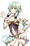  1girl alternate_costume armor bare_shoulders bikini bikini_armor black_one-piece_swimsuit bow clothing_cutout collarbone cowboy_shot detached_sleeves elf flat_chest goblin_slayer! grin hair_between_eyes hair_bow hand_on_own_hip high_elf_archer_(goblin_slayer!) highres kankitukou legs_apart long_hair long_sleeves navel navel_cutout one-piece_swimsuit pointy_ears smile solo swimsuit teeth twintails white_bikini 