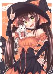  :d bare_shoulders bow breasts brown_hair cat choker detached_sleeves dress frilled_dress frills hair_ribbon halloween halloween_costume hands_on_another's_chest hat hat_tip highres hikawa_shou idolmaster idolmaster_cinderella_girls matoba_risa nail_polish open_mouth orange_bow orange_dress orange_ribbon ribbon smile solo twintails witch_hat yellow_eyes 