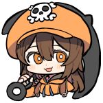  1girl anchor bright_pupils cabbie_hat cropped_torso fingerless_gloves gloves guilty_gear guilty_gear_strive hat hat_ornament holding holding_anchor hood hoodie lowres may_(guilty_gear) orange_headwear orange_hoodie over_shoulder pinch_(nesume) skull_and_crossbones skull_hat_ornament white_background white_pupils 