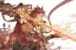  black_gloves flaming_sword gloves granblue_fantasy holding holding_sword holding_weapon male_focus percival_(granblue_fantasy) red_hair someta_ni sword twitter_username upper_body weapon white_background 