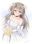  1girl alternate_costume alternate_hairstyle bouquet dress elbow_gloves flower gloves green_eyes grey_hair hair_flower hair_ornament highres kantai_collection long_hair one-hour_drawing_challenge shizuna_kaede smile solo wedding_dress white_background white_gloves zuikaku_(kancolle) 