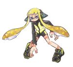  1girl agent_3_(splatoon) bike_shorts black_shirt blonde_hair blue_eyes closed_mouth full_body headgear high-visibility_vest inkling inkling_girl inkling_player_character long_hair long_sleeves shirt shoes simple_background smile solo splatoon_(series) splatoon_1 suction_cups tentacle_hair thenintlichen96 very_long_hair white_background 