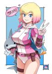  1girl belt belt_pouch blonde_hair blue_eyes blush bodysuit bowieknife breasts brown_belt english_text gradient_hair gwenpool heart highres holding holding_stuffed_toy hooded_leotard large_breasts leotard looking_at_viewer marvel multicolored_hair pink_hair pink_leotard pouch short_hair solo speech_bubble stuffed_animal stuffed_penguin stuffed_shark stuffed_toy superhero_costume thigh_strap two-tone_leotard v white_leotard 