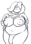 alien big_breasts blush bottomless breasts clothed clothing clothing_lift genitals gynomorph intersex penis skeletonya slightly_chubby solo sweater sweater_lift thick_thighs topwear