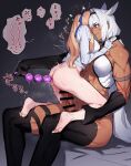  2girls anal_beads anal_fluid animal_ears armlet bar_censor bare_shoulders barefoot bed_sheet black_gloves black_hairband black_thighhighs blonde_hair blue_ribbon body_markings bottomless breasts caenis_(fate) censored clenched_hand dark-skinned_female dark_skin elbow_gloves extra_ears fate/grand_order fate_(series) futa_with_female futanari genderswap genderswap_(mtf) gloves grey_background hair_intakes hair_ribbon hairband halterneck heart highres holding_another&#039;s_leg horse_ears just_the_tip kirschtaria_wodime large_breasts long_hair long_sleeves multiple_girls muscular muscular_female penis ponytail ponytail_holder pussy_juice ribbon sabamori sex_toy sex_toy_pull shirt simple_background sitting size_difference spoken_heart steaming_body straddling sweat thighhighs trembling twitching upright_straddle vaginal veins veiny_penis white_gloves white_hair white_shirt 
