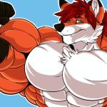 1:1 anthro biceps big_muscles black_nose blue_background blue_eyes canid canine chest_tuft countershade_fur countershading danger_dawg flexing flexing_bicep fox fur galvan_(galvaninthedark) hair half-closed_eyes hi_res huge_muscles male mammal muscular muscular_anthro muscular_male narrowed_eyes orange_body orange_fur outline pecs red_fox red_hair simple_background smile solo true_fox tuft white_body white_countershading